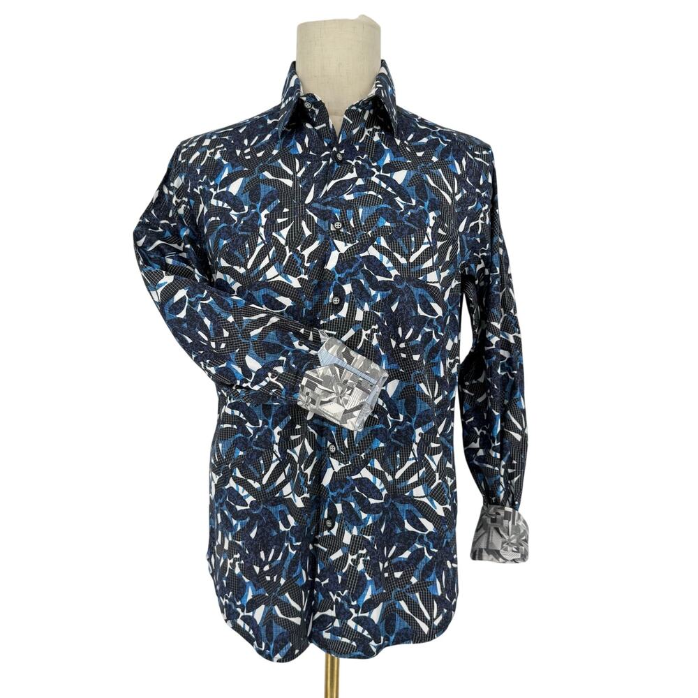 Robert Graham Woven Button Front Long Sleeve Shirt Navy Blue White Floral M